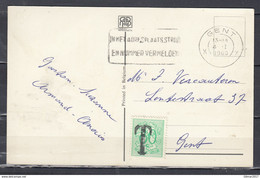 Postkaart Van Gent Naar Gent Met Taksstempel - 1951-1975 Leone Araldico