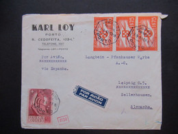 Portugal 1940 Zensurbeleg OKW Mehrfachzensur Umschlag Karl Loy Porto - Leipzig Flugpostmarke Nr. 592 (3) MiF - Briefe U. Dokumente