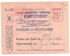 PARIS VIII Valeurs à Recouvrer Env 1488 Ob 29 5 1984 EMA 25c SC1899 Caravane Dest St QUENTIN Ppal RECOUVREMENTS   Aisne - Manual Postmarks