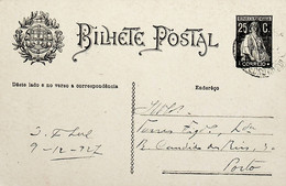 1927 Inteiro Postal Tipo «Ceres» 25 R. Preto Enviado De São Pedro Do Sul Para O Porto - Postwaardestukken