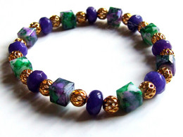 Bracelet Artisanal, Jade, Verre, Cubes Facettés, Bijou Multicolore, Violet, Vert, Perles Filigrane Doré, élégant, Raffin - Bracciali