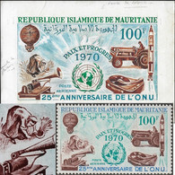 Mauritanie 1970 Y&T PA 110. Dessin Original. ONU, Colombe De La Paix, Montgolfière, Fusée, Faux Et Tracteur, Phonographe - Agriculture