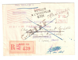 PARIS 118 Lettre Reco EMA 3F Ob 1941 Dest Nord Mons En Baroeul Réexp Croix Retour Envoyeur 6701 GRIFFE - 1921-1960: Moderne