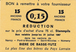 Ancien Ticket De Réduction D'une 75 Cl - Bière De BASSE YUTZ - 1967 - Sonstige & Ohne Zuordnung