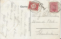 Albert Ier 10 C. Oblitération Saintes - St Renelde - Vers Schaerbeek, Timbre Taxe 10 C 1921 Sur Carte Hal Halle - Covers & Documents