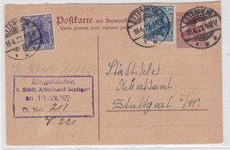 97905 DR Ganzsachen Postkarte P118F Ettenheim An Das Städt. Arbeitsamt Stuttgart - Briefkaarten