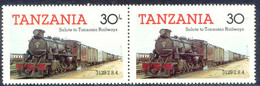 TANZANIA 1985 Locomotive No. 3129 2.8.4 30 Sh. Superb U/M Pair, MAJOR VARIETY - Tansania (1964-...)