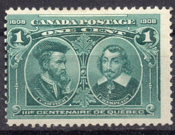 CANADA/1908/MH/SC#97/QUEBEC TERCENTENARY / JAQUES CARTIER & SAMUEL CHAMPLAIN / 1P BLUE GREEN - Neufs