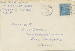 USA 1950 5 C James Monroe Marginal Item Single Postage On VF Cover DENVER / COLO. To BERN, Switzerland - Covers & Documents