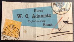 1865 Bayern Mi 8 + Österreich Zeitungsstempelmarke MIF RARITÄT Streifband NÜRNBERG> Saaz Via Prag(beer Bier Brief Hopfen - Covers & Documents