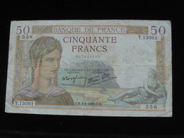 50 Cinquante Francs - CERES Type 1933 Modifié - 4-4-1940  -- ANNEE RARE !!!!     **** EN ACHAT IMMEDIAT **** - 50 F 1934-1940 ''Cérès''