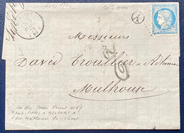 Lettre 1872 Alsace Lorraine N°60 I Obl Losange PC De Fresse Boite Rurale A Identifiée  Mulhouse + Taxe 2 Décimes +4169 - Sonstige & Ohne Zuordnung