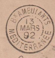 Bureaux Ambulants Mediterranee - 13 Mars 1892 - Bureau De Service - Direction Des Postes - Rare - Posta Ferroviaria