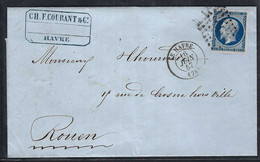 FRANCE 1857 :  LSC Du Havre Pour Rouen Avec Le Y&T 14Aa, Obl. PC1495 - 1853-1860 Napoléon III