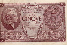 ITALIA 5 LIRE 1944 P-31b  VF+ - Italia – 5 Lire