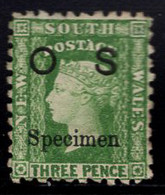 New South Wales (1861) 3p Victoria Official Overprinted SPECIMEN. Scott No O14. - Ongebruikt