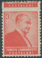 TÜRKEI 1955 Atatürk 3 K Rot Postfr. ABART: Überlänge Mit ZWEIMALIGER LANDESNAME - Ungebraucht