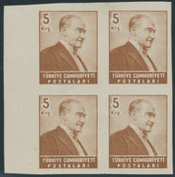 TÜRKEI 1955 Atatürk 5 K Ungebr. 4-erblock (1 Marke Postfrisch) ABART UNGEZÄHNT - Neufs