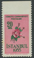 TÜRKEI 1955 Frühlings- U Blumenfest Istanbul 20 K Edelrosen ABART OBEN UNGEZÄHNT - Neufs