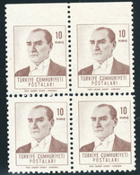 TÜRKEI 1962 Atatürk 10 K. Violetbraun, Postfr. Pra.-Viererblock ABART: UNGEZÄHNT - Nuovi