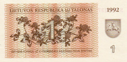 LITHUANIA  1 TALONAS 1992 P-39  UNC - Litouwen