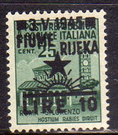 OCCUPAZIONE FIUME 1945 SURCHARGED SOPRASTAMPATO LIRE 10 SU 0.25 MNH - Occ. Yougoslave: Fiume