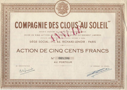 COMPAGNIE DES CLOUS "AU SOLEIL " ACTION DE 500 FRS - Altri & Non Classificati