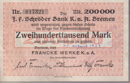 Notgeld Allemagne 200 000 Mark Bank Schröder - Bremen - 15/08/1923 - Bon état - Collections