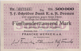 Notgeld Allemagne 500 000 Mark Bank Schröder - Bremen - 29/08/1923 - Etat Neuf / XF - Verzamelingen