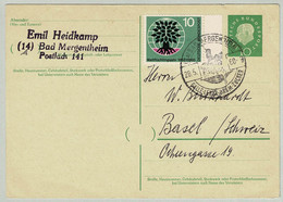Deutsche Bundespost 1960, Ganzsachenkarte Heuss Bad Mergentheim - Basel, Galle, Leber, Darm, Zucker, Weltflüchtlingsjahr - Bäderwesen