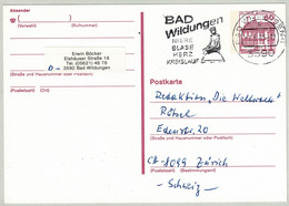 Deutsche Bundespost 1985, Ganzsachenkarte Schloss Rheydt Bad Wildungen - Zürich (Schweiz), Schloss / Château / Castle - Bäderwesen