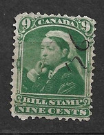 Canada  Fiscal Victoria  9 Cents Vert Oblitéré       B/TB  Voir Scans   - Fiscali