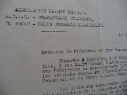 Association Des Nciens Combattants Coloniaux Hérault 1945 Organisation Montpelier Béziers Bédarieux Et Autres - Dokumente