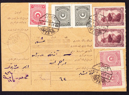 1914  Postschein Mit 7 Gestempelten Marken Smyrne Und Kontrollschnitt. Rückseitig Antalya Und Elmalou, Telegraph - 1837-1914 Esmirna