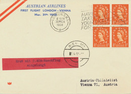 GB 1958 First Flight With AUA "LONDON - WIEN" W. QEII ½d Block Of Four Franking - Lettres & Documents