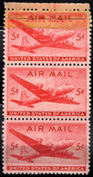 1947 5c DC-4 Skymaster. Scott No C32. Tape Repaired By Printer On Top Stamp, Then Printed Over The Tape! - Varietà, Errori & Curiosità