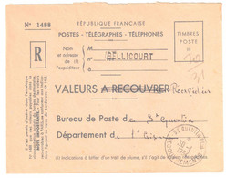 BELLICOURT Valeurs REEXPEDIES Env 1488 Franchise Dest St QUENTIN Ppal RECOUVREMENTS   Aisne Ob 30 1 1984 - 1961-....