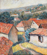 Vén Jelzéssel: Háztetők Felett. Olaj, Vászon. Dekoratív Fa Keretben. 53×45 Cm - Other & Unclassified