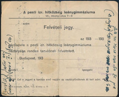 Cca 1930 Pesti Izr. Hitközség Leánygimnáziuma Felvételi Jegy Héber Kézírással - Andere & Zonder Classificatie