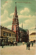 T3 1908 Eszék, Esseg, Osijek; Felsővárosi Plébániatemplom, Villamos, Drogéria, Vilim Glesinger és A. Seidling és G. Slav - Unclassified