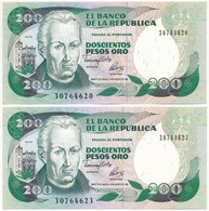 Kolumbia 1983. 200P (2x) Közeli Sorszámok T:I Colombia 9183. 200 Pesos (2x) Close Serials C:UNC - Non Classificati