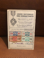 Militaria * Union Nationale Des Combattants Paris 8ème * Carte De Membre Avec VIGNETTES ! * Guerre - Sonstige & Ohne Zuordnung