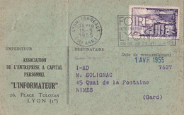 69 - RHÔNE « LYON » CPI Ordinaire - Tarif à 12F. (6.1.1949/30.6.1957)  N°979 - 12f Qimper (E. : 12.6.54 Re : 10.3.56) - Privatganzsachen