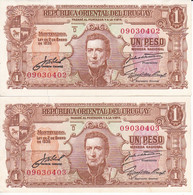 PAREJA CORRELATIVA DE URUGUAY DE 1 PESO DEL AÑO 1939 CALIDAD EBC (XF) (BANKNOTE) - Uruguay