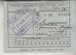 Biglietto Ticket Buillet Ferrovie Dello Stato Regno 1940 Roma  Lecce - Europe
