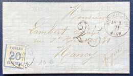 Lettre 1871 Alsace Lorraine N°6 20c Bleu Dateur Allemand Diedenhofem  Nancy + Taxe 25 Tampon TB - Altri & Non Classificati