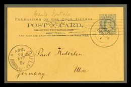 1904 1d Blue On Buff Queen Postal Card, Without Message, Posted Rarotonga To Germany, With Arrival Mark At Lower Left. F - Cook Islands