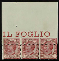 1906 10c Rose-red King Upper Marginal Horizontal STRIP Of 3 Stamps With UPPER PERFORATIONS MISPLACED DOWNWARDS Variety,  - Unclassified