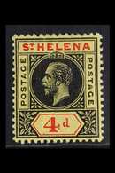 1913 SPLIT "A" VARIETY. KGV 4d Black & Red/yellow, Variety "Split "A", SG 85a, Very Fine Mint. A Lovely Example Of This  - Saint Helena Island