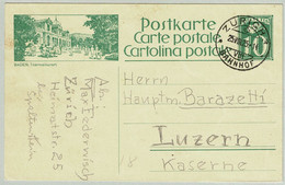 Schweiz / Helvetia 1925, Bildpostkarte Kursaal Baden Zürich Bahnhof - Luzern - Bäderwesen